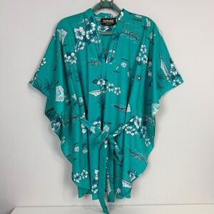 Vintage Tamare 70s Hawaiian Aqua Bat Wing Belted Aloha Islands Print Top OS